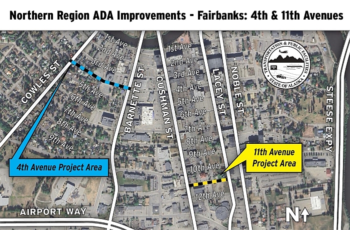 A satellite map of downtown Fairbanks shows the extents of the two distinct work locations for this project. One work area is along 4th Avenue from Cowles Street to Barnette Street, and one work area is along 11th Avenue from Cushman Street to Lacey Street. 
